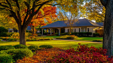 Obraz premium Beautiful Texas home with a lush yard, vibrant autumn foliage, and rich fall colors.