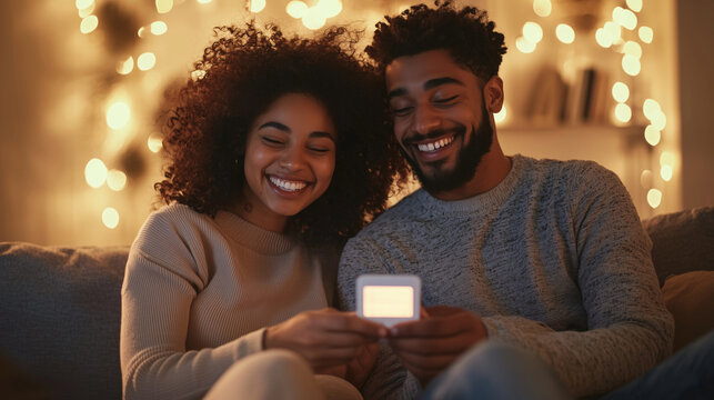 young couple sitting on a cozy sofa at home, both smiling widely as they hold a positive pregnancy test together, capturing their excitement and love for each other in this joyous