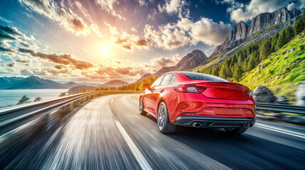 Fototapeta premium Red car driving on open road towards mountains under blue sky with clouds