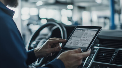 close-up shot of a technician using a diagnostic tool on a car's dashboard, displaying data on a tablet, with the service shop in the background, emphasizing the integration of tec