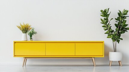 Modern Living Room Interior with Yellow TV Cabinet, Table, Lamp, and Plants