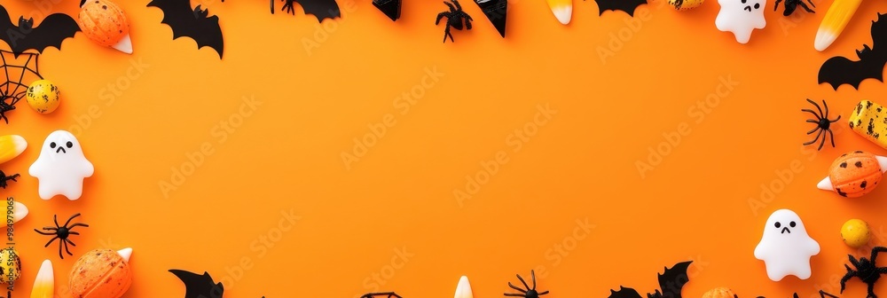 Canvas Prints halloween background with black spider webs, bats and candy corn on orange banner with copy space ar