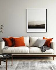 Scandinavian Living Room Interior with Modern Poster Mockup, 3D Rendering