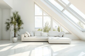 Modern Attic Living Space with White Interior Design and Comfortable Sofa
