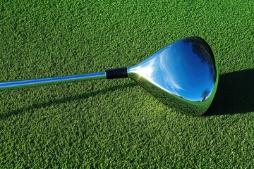 Close-up of polished golf club reflecting sunlight on green grass under clear blue sky