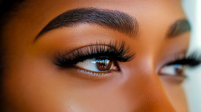 Close-up of a woman of color with dark skin and brown eyes, showcasing dramatic mega volume lash extensions.