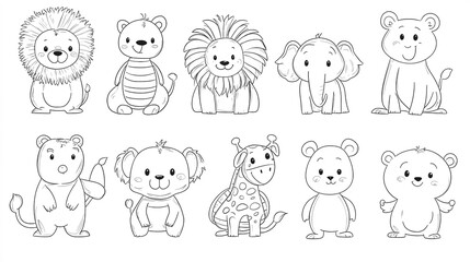 Coloring book page featuring a group of ten different cute animals in a simple line art style.