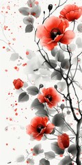 Beautiful floral design featuring red and white blossoms with intricate leaves, enhancing a light background perfect for decor