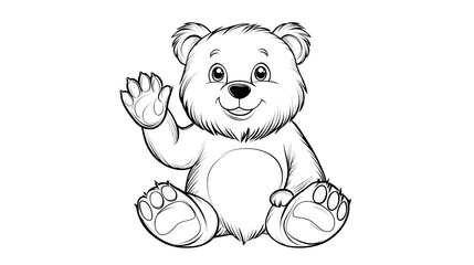 Fototapeta premium Coloring page of a cute bear sitting and waving one paw designed as a children's coloring book illustration.