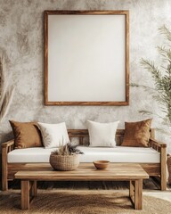 Modern Bohemian Home Interior with Ethnic Decor and Stylish Poster Mockup