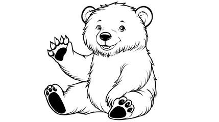 Fototapeta premium Coloring page of a cute bear sitting and waving one paw designed as a children's coloring book illustration.