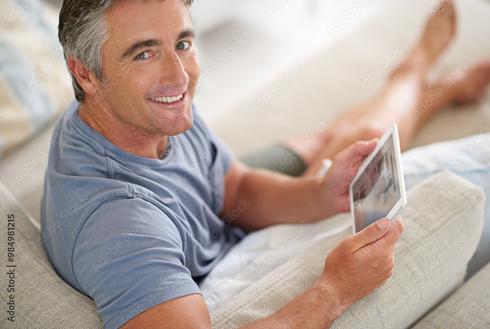 Poster Relax, sofa and portrait of man with tablet for online website, communication and networking. Living room, home and mature person on digital technology for internet, research and happy on weekend