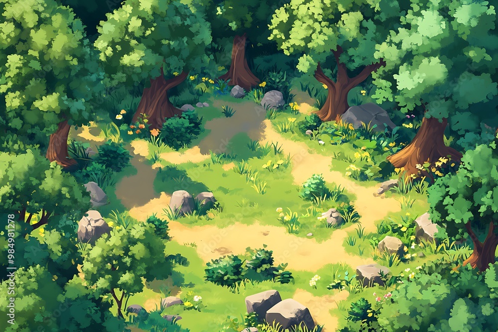 Poster top down view of a winding path in a lush green forest with rocks