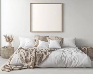 Coastal Style Bedroom Interior with Blank Frame in Modern Design