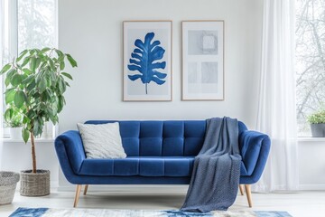 Modern White and Blue Living Room Interior with Stylish Sofa and Poster