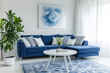 Modern White Interior with Stylish Blue Sofa in Contemporary Living Space