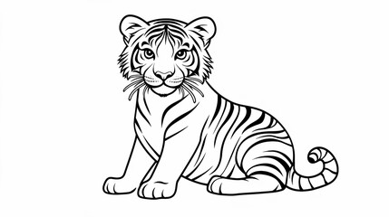 Obraz premium A friendly tiger sitting designed as a children's coloring book illustration.