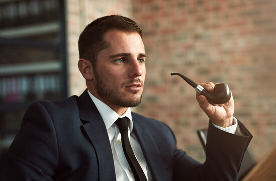 Business, man and office with smoking pipe in thinking on break for ideas and vision. Corporate, male person and stylish in boardroom for meeting, planning and share thoughts for company growth