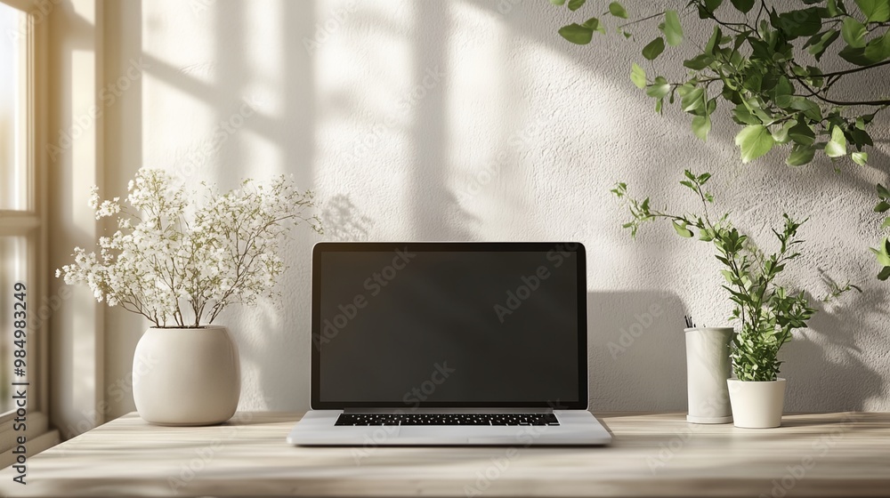 Wall mural a laptop is on a desk with a potted plant and a vase