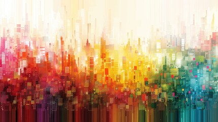 An abstract cityscape with buildings that resemble a pixelated city. The buildings are multi-colored, creating a vibrant and dynamic atmosphere.
