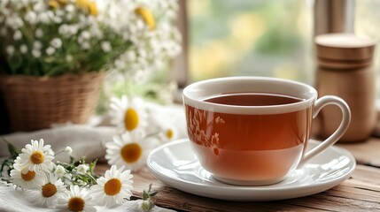 Fototapeta premium A cup of tea sits on a white plate next to a vase of flowers. The flowers are yellow and white and are arranged in a basket. Concept of relaxation and comfort, as the tea