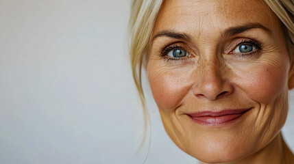 Naklejka premium Photo of a happy 60-year-old Norwegian woman in a photo studio with a white background.