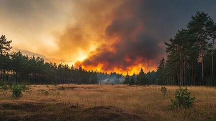 Countryside forest with cloudy sky covered by fire smoke during the evening