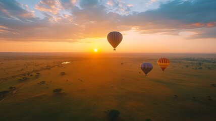 Air balloons during sunrise above Masai Mara in Kenya. 