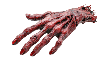 A hand covered in blood holds a skull made of blood, surrounded by vibrant red chili peppers and spices, blending the themes of heat and intensity in food