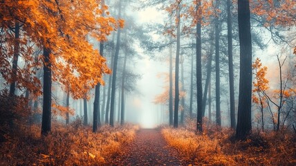 Obraz premium Magical autumn woods with thick fog, fall colours in the park, beautiful autumn landscape. 