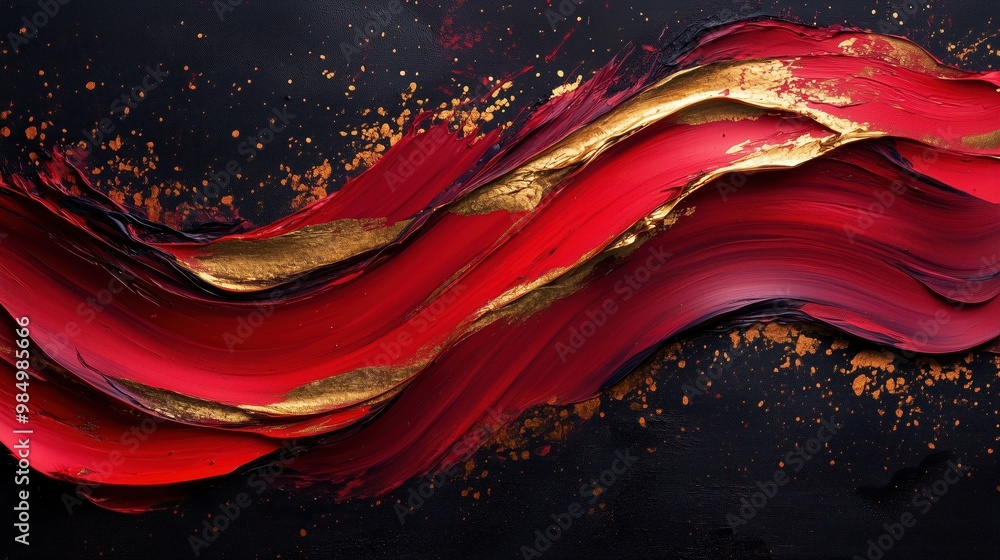 Poster dynamic expression of fiery red and bronze paint strokes swirling energetically against a dark textu