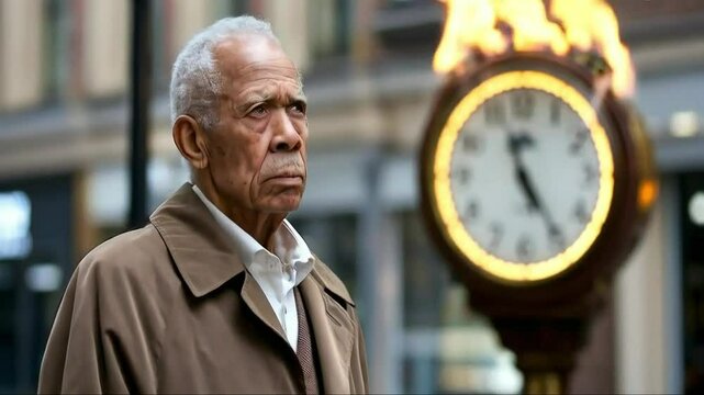 An elderly man, relying on the experience of the passed years, gazes at a vague horizon. A clock burns on the blurred background, reflecting the inexorable countdown of time.