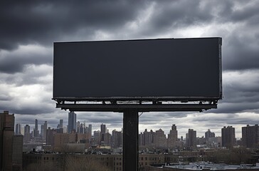 Obraz premium A large, empty billboard stands prominently against a backdrop of dark clouds and a city skyline, hinting at an approaching storm