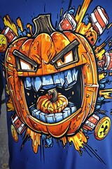 Obraz premium Cartoon Pumpkin with Teeth and Glowing Eyes