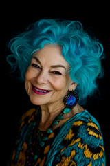 Fototapeta premium Portrait of a 75-year-old woman with blue hair, showcasing a fun and lively expression.
