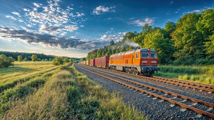 Freight train on a rural railway track surrounded by green fields and blue sky