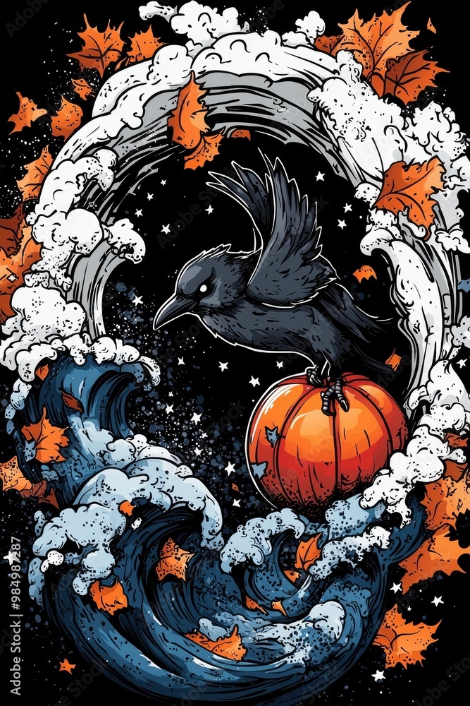 Poster Raven, Pumpkin, and Waves