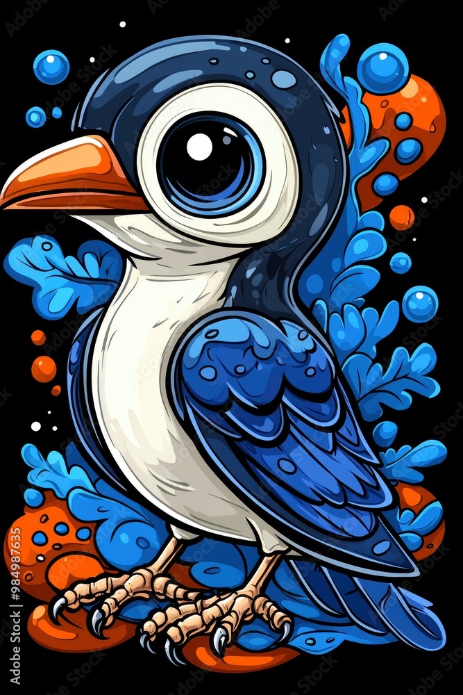 Wall mural cute cartoon blue bird with big eyes