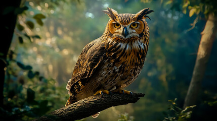 Eagle owl perched on a branch.