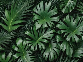 Obraz premium A vibrant arrangement of lush green tropical leaves, showcasing diverse shapes and textures.