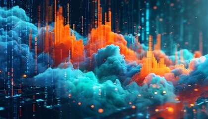 captivating technology-inspired background with dynamic teal blue and orange red data visualizations intertwined with cascading digital code elements and subtle dust clouds