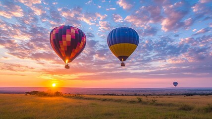 Obraz premium Air balloons during sunrise above Masai Mara in Kenya. 