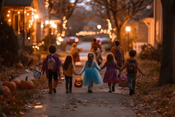 Fototapeta premium A joyful group of mixed race children walking together on a festive Halloween evening, carrying lanterns through a decorated neighborhood