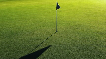 Obraz premium Golf flag pole casting long shadow on vibrant green grass of golf course under clear sky in the early morning light