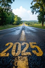 An empty road marked with yellow paint and an arrow pointing toward the horizon under a clear sky, inviting a sense of adventure ahead in 2025