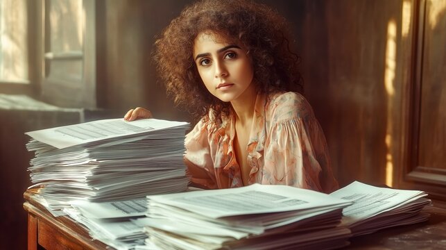 Curly-haired woman in a pastel blouse reviews financial data at her desk, focused and determined in a bright workspace. Generative AI - Powered by Adobe