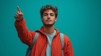 on the right side male student on a single colour background raching his hand. fisheye