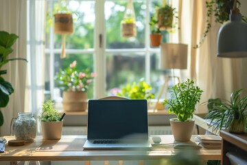 A cozy home office with Scandinavian design featuring plants and natural light for a productive work environment