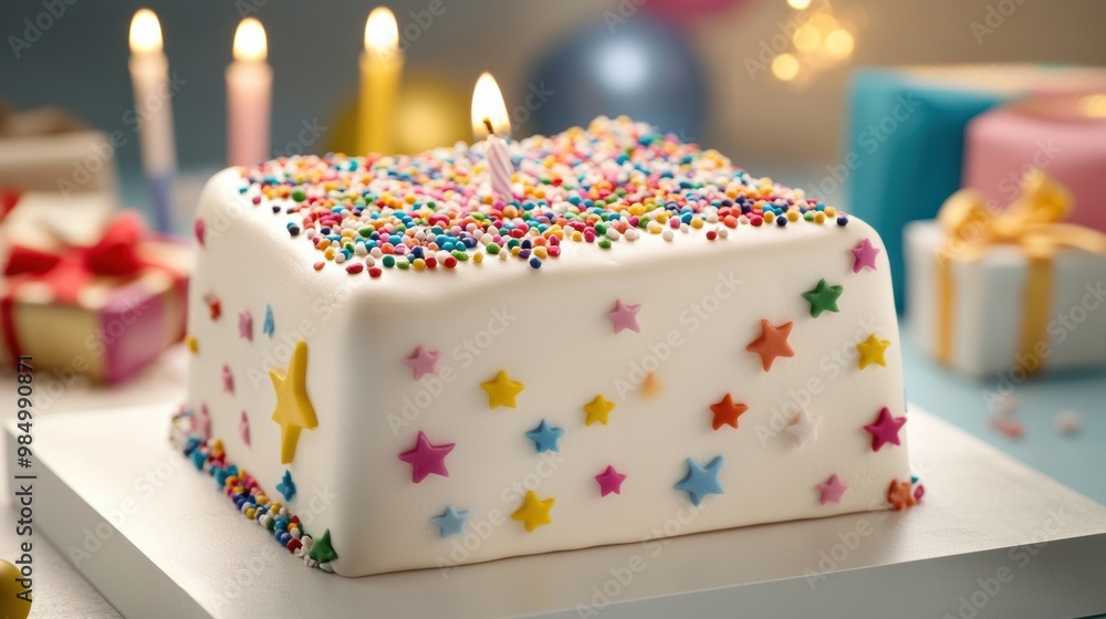 Poster A white cake with colorful stars and candles on it, AI