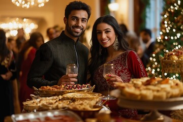 A Middle Eastern man and Indian woman joyfully decorate a Christmas tree with their child in a cozy living room during the holiday season